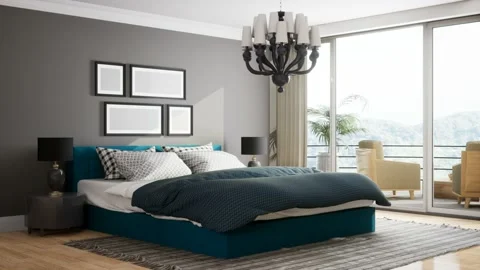 Bedroom interior. Bed. 3d illustration Stock Footage 169403537