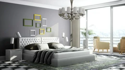 Bedroom interior. Bed. 3d illustration Stock Footage 169403626