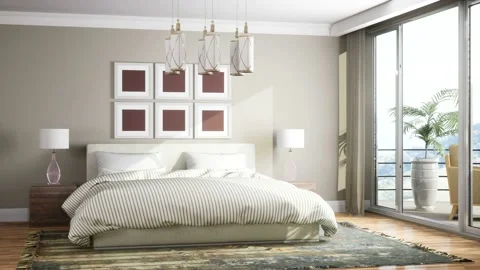 Bedroom interior. Bed. 3d illustration Stock Footage 169403629