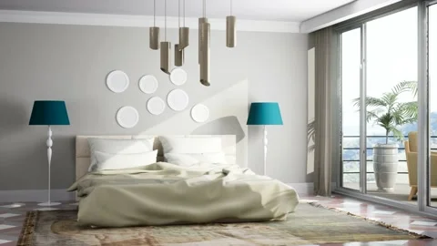 Bedroom interior. Bed. 3d illustration Stock Footage 169403764
