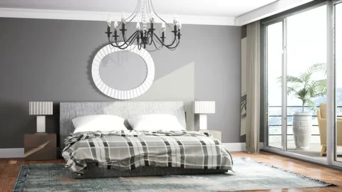 Bedroom interior. Bed. 3d illustration Stock Footage 169403787