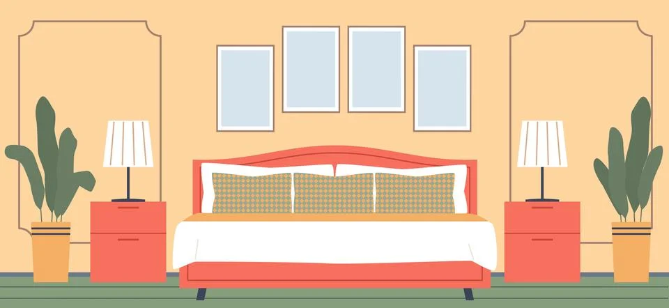 Bedroom interior. Bed front view. Nightstands, table lamps, potted plants, blank Illustrazione stock