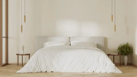 Bedroom interior with big white bed, sunlight on wall, bedside tables with pe Stock Illustration