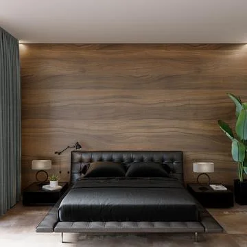 Bedroom interior with black bed in front of the wooden wall, 3d render Stock Illustration