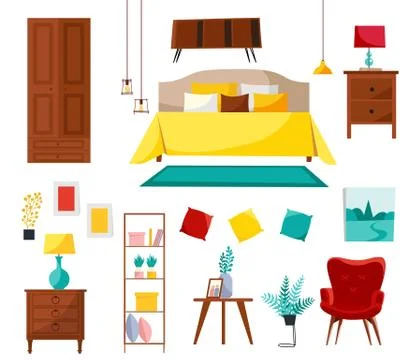 Bedroom interior collection with double bed, nightstands, wardrobe, shelf, ar Ilustración de archivo