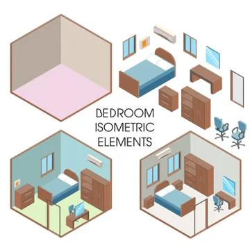 Bedroom interior constructor, vector flat isometric illustration Stock Illustration