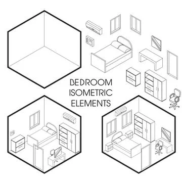 Bedroom interior creator vector isometric thin line elements Stock Illustration
