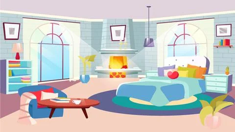 Bedroom interior at daytime flat vector illustration Stock Illustration