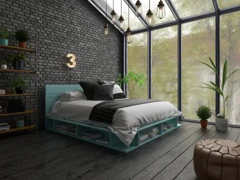 Bedroom interior design 3D rendering Stock Illustration