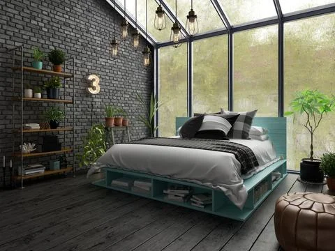 Bedroom interior design 3D rendering Stock Illustration