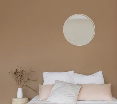 Bedroom interior design background textile minimalist beige Stock Photos