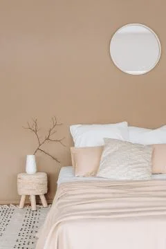 Bedroom interior design background textile minimalist beige Stock Photos