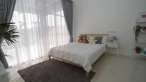 Bedroom interior design with big window. Stockbeeldmateriaal 87674238