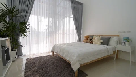Bedroom interior design with big window. Stock Footage 87674316