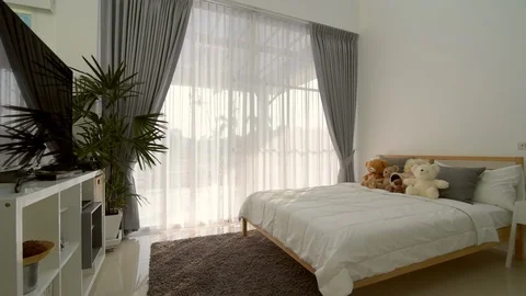 Bedroom interior design with big window. Stockbeeldmateriaal 87674338