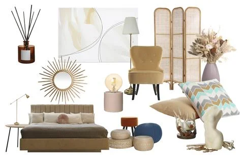 Bedroom interior design. Collage with different combinable furniture and de.. Fotos de archivo