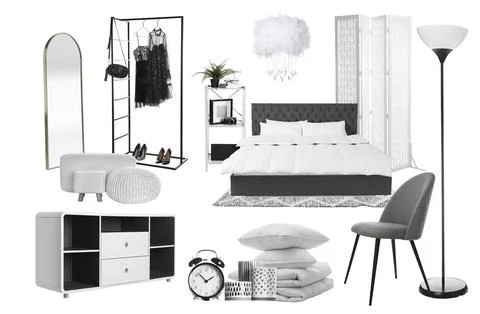 Bedroom interior design. Collage with different combinable furniture and de.. Fotos de archivo