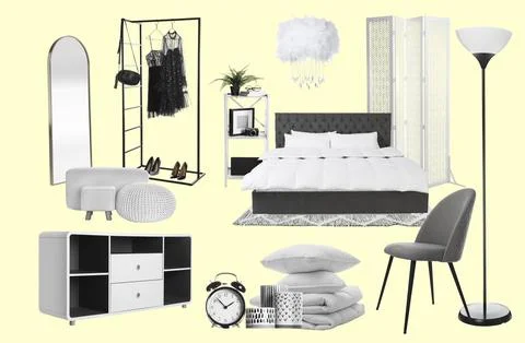 Bedroom interior design. Collage with different combinable furniture and de.. Fotos de archivo