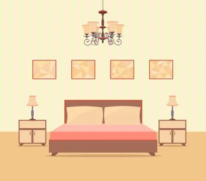 Bedroom interior design in flat style including bed, table. Stock Illustration