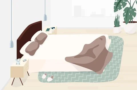 Bedroom interior design vector illustration in minimal modern flat style. Light Stock Illustration