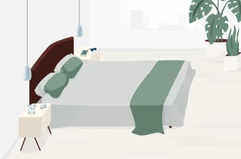Bedroom interior design vector illustration in minimal modern flat style. Light Stock Illustration