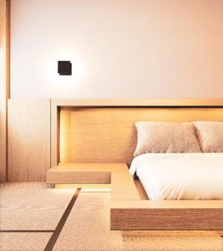 Bedroom interior design with wall deisgn hiden light on floor wooden.3D rende Stock Illustration
