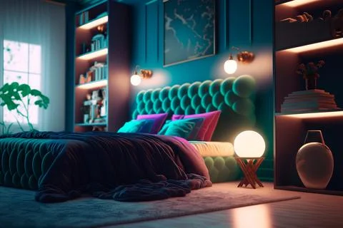 Bedroom interior with double bed, plants, carpet and gallery on wall above be Stock Illustration