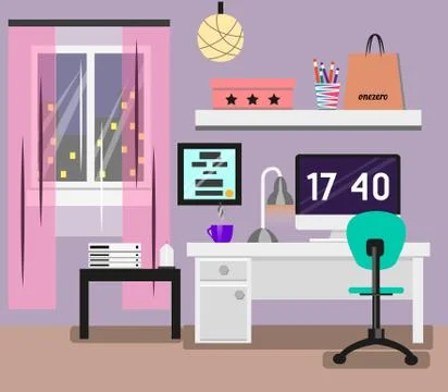 Bedroom Interior flat design. Room in pink colors with window, computer, desk Stock Illustration