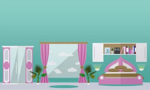 Bedroom interior in flat style. Vector illustration. House room design elements Stock Illustration