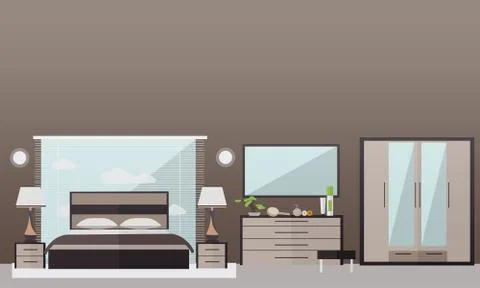 Bedroom interior in flat style. Vector illustration. House room design elements 库存插图