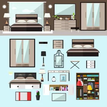 Bedroom interior in flat style. Vector illustration. House room design elements Illustrazione stock