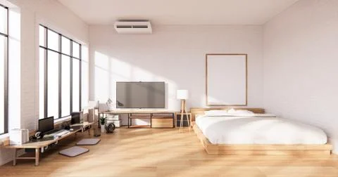 Bedroom interior loft style with Computer and office tool on desk. 3D renderi Illustrazione stock