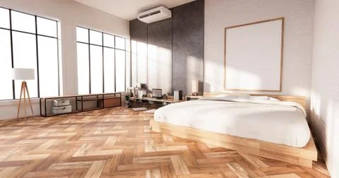 Bedroom interior loft style with Computer and office tool on desk. 3D renderi Illustrazione stock