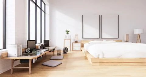 Bedroom interior loft style with Computer and office tool on desk. 3D renderi Illustrazione stock
