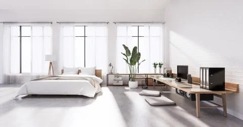 Bedroom interior loft style with Computer and office tool on desk. 3D renderi Ilustração Stock