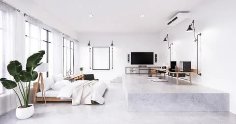 Bedroom interior loft style with Computer and office tool on desk. 3D renderi Ilustração Stock