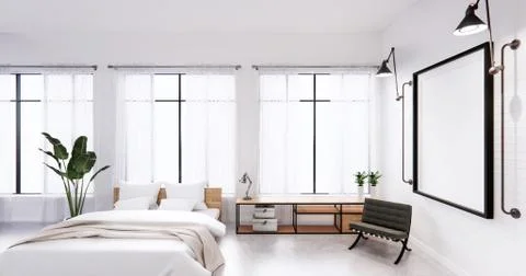 Bedroom interior loft style with Computer and office tool on desk. 3D renderi Ilustração Stock