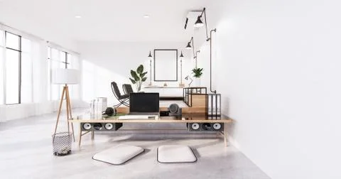 Bedroom interior loft style with Computer and office tool on desk. 3D renderi Illustrazione stock