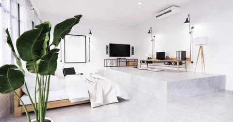 Bedroom interior loft style with Computer and office tool on desk. 3D renderi Illustrazione stock