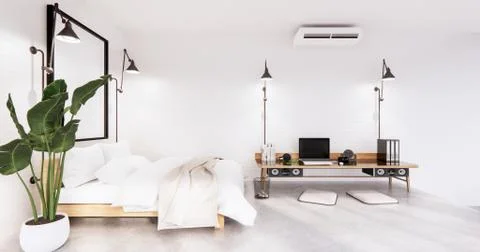 Bedroom interior loft style with Computer and office tool on desk. 3D renderi Illustrazione stock