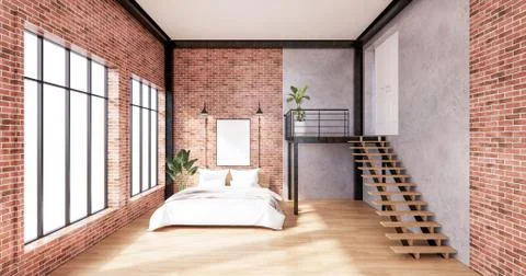 Bedroom interior loft style with Computer and office tool on desk. 3D renderi Illustrazione stock