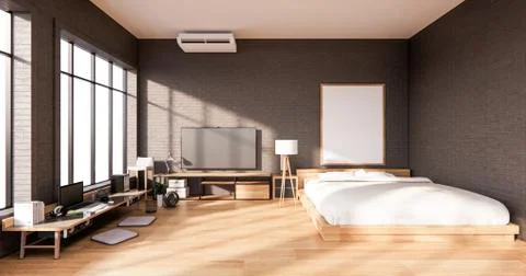 Bedroom interior loft style with frame on black wall brick. 3D rendering Stock Illustration