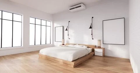 Bedroom interior loft style with frame on white wall brick. 3D rendering Stock Illustration