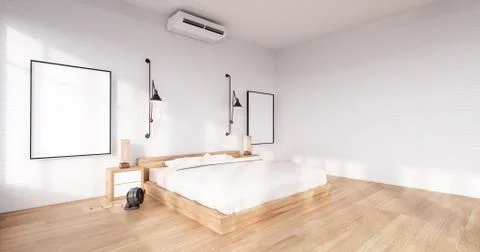 Bedroom interior loft style with frame on white wall brick. 3D rendering Stock Illustration