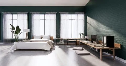 Bedroom interior loft style with frame on green wall brick. 3D rendering Stock Illustration