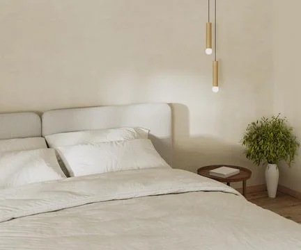 Bedroom interior mock up with big bed close up, bedside table with pendant li Stock Illustration