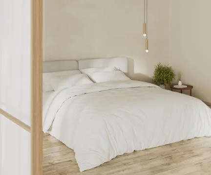Bedroom interior mock up with big bed close up, bedside table with pendant li Stock Illustration