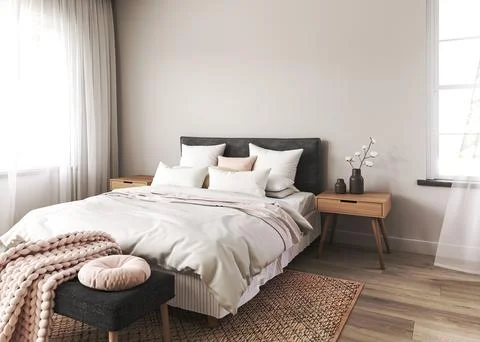 Bedroom interior mockup in boho style with wooden floor and table. Bed with Illustrazione stock
