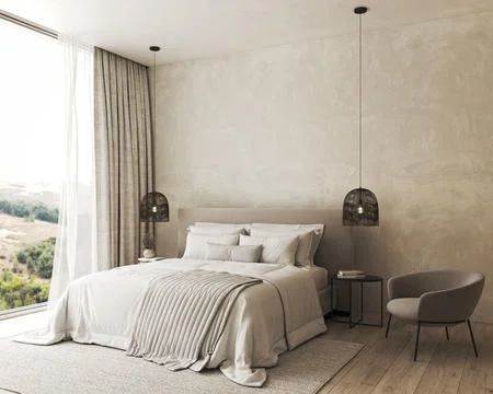 Bedroom interior mockup in boho style with fringed blanket, pillows, white Illustrazione stock