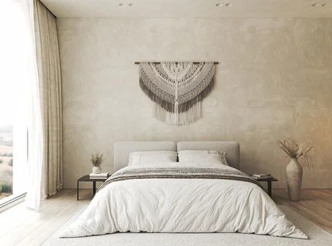 Bedroom interior mockup in boho style with fringed blanket, pillows, white Stock-Illustration